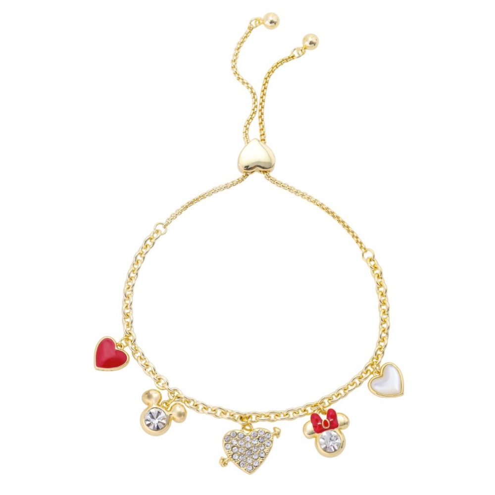 Minnie & Mickey Love 14k Gold Plated Crystal & Mother Pearl Charm Bracelet NWT